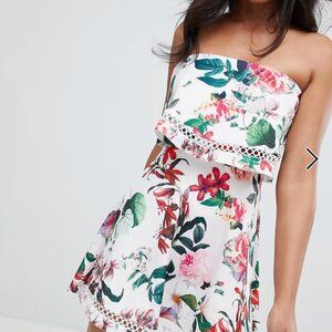 ASOS DESIGN Floral Bandeau Ruffle Mini Dress With Crochet Trim (Size 6)